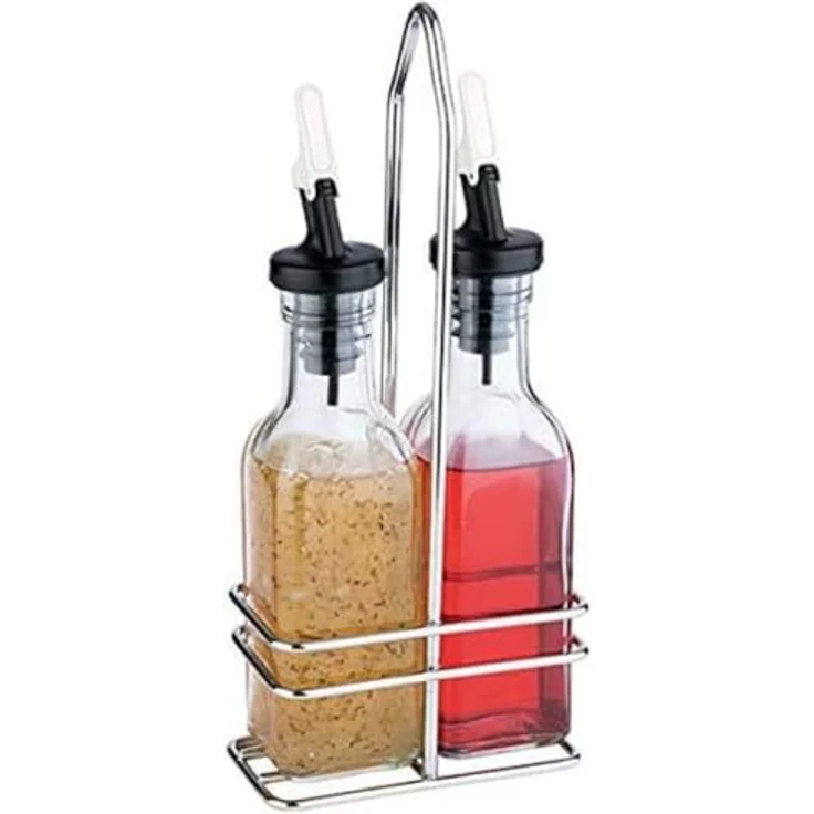 APS Essig- & Öl-Menage, Glasbehälter mit Deckel und tropffreiem PE-Ausgießer, 24 cm hoch für je 0,12 Liter, verchromtes Edelstahlgestell – Bild 1
