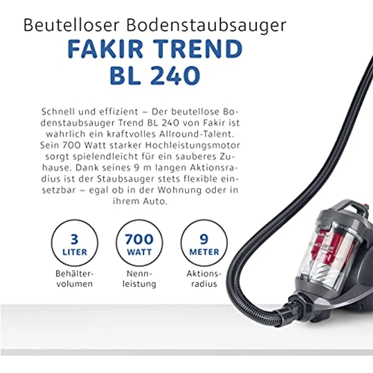 Fakir BL 240 Trend-beutelloser-Bodenstaubsauger, Sauger-ohne-Beutel mit Hocheffizienzmotor, HEPA-Filter, langes Kabel, sehr leise, großer Aktionsradius, anthrazit-rot - 700 Watt – Bild 3
