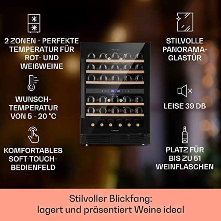 Klarstein Vinovilla 50 Duo, Zweizonen-Weinkühlschrank mit 53l für 17 Flaschen, 3-Farben Glastür, Energiefreundlich und leise – Bild 2