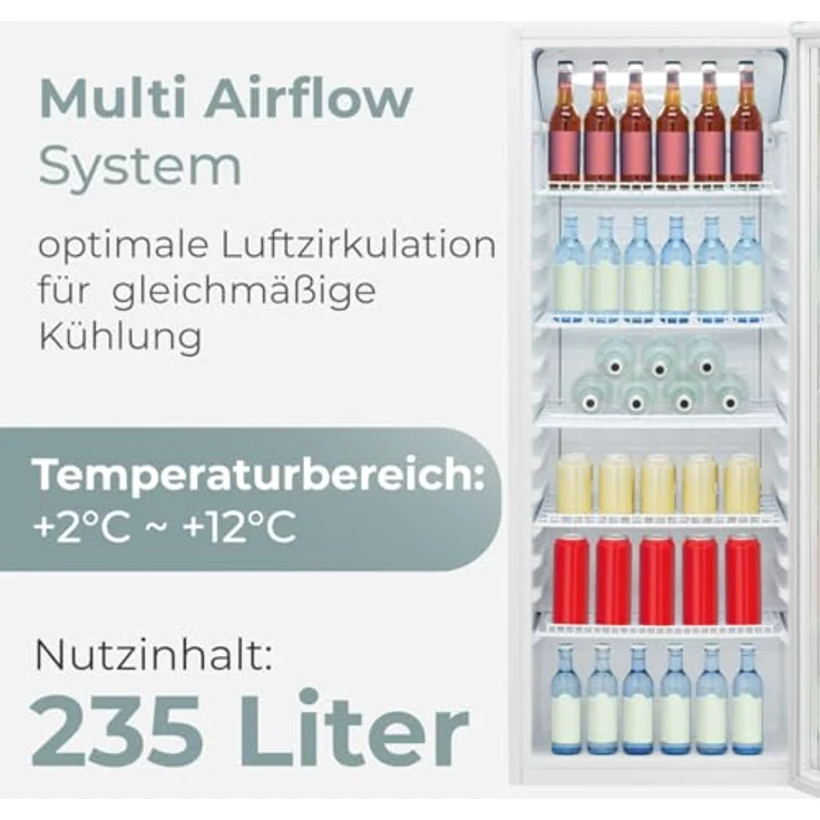 Bomann® KSG 7292, Getränkekühlschrank mit Glastür, 236L, Energieklasse C, MultiAirflow, 5 Gitterablagen, Temperatur 2-12°C, wechselbarer Türanschlag, weiß – Bild 8