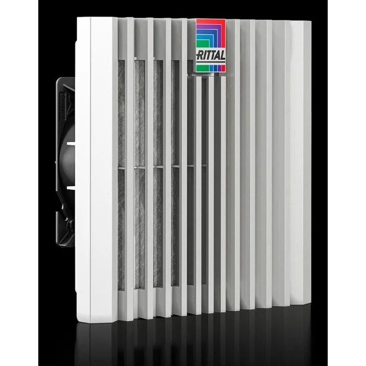 Rittal Blue e+ Filterlüfter, Belüftungsventilator mit 110 m³/h Luftdurchsatz, 24 V DC, energieeffizient mit nur 5,7 W Stromverbrauch, grau