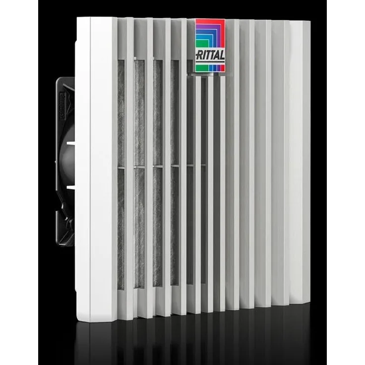 Rittal Blue e+ Filterlüfter, Belüftungsventilator mit 110 m³/h Luftdurchsatz, 24 V DC, energieeffizient mit nur 5,7 W Stromverbrauch, grau