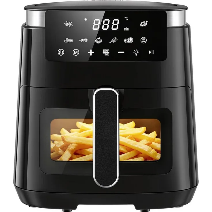 LLIVEKIT Heißluftfritteuse 1250 W, 5.5L für 2–4 Personen, 8-in-1 mit Sichtfenster und Beleuchtung, Schwarz