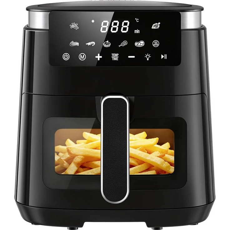 LLIVEKIT Heißluftfritteuse 1250 W, 5.5L für 2–4 Personen, 8-in-1 mit Sichtfenster und Beleuchtung, Schwarz