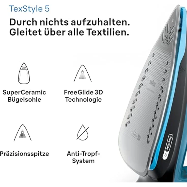 Braun Household TexStyle 5 SI5256 BL Dampfbügeleisen mit FreeGlide 3D Bügelsohle, Präzisionsspitze, Vertikaldampf, Anti-Tropf-System, 210 g/min Dampfstoß, 300ml Wassertank, 2600W, Schwarz/Blau – Bild 2