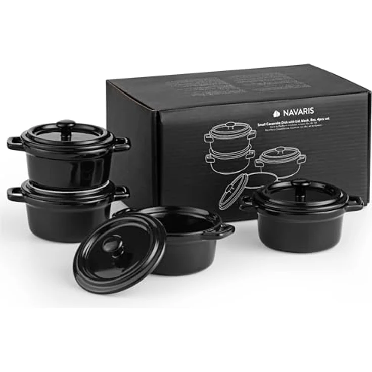 Navaris Mini Cocotte - Vielseitige Mini Auflaufform mit Deckel ofenfest - 4er Set - Souffle Förmchen - Ideal für Lasagne, Pudding, Omelettes, Suppen - Keramik - Schwarz – Bild 1