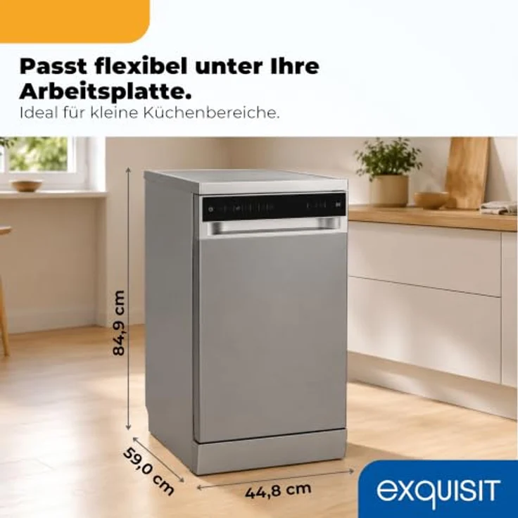 Exquisit GSP59311-450C Geschirrspüler, 11 Maßgedecke, Energieklasse C, 7 Spülprogramme, Aquastop, Besteckschublade, Unterbaufähig, Startzeitvorwahl, Silber – Bild 3