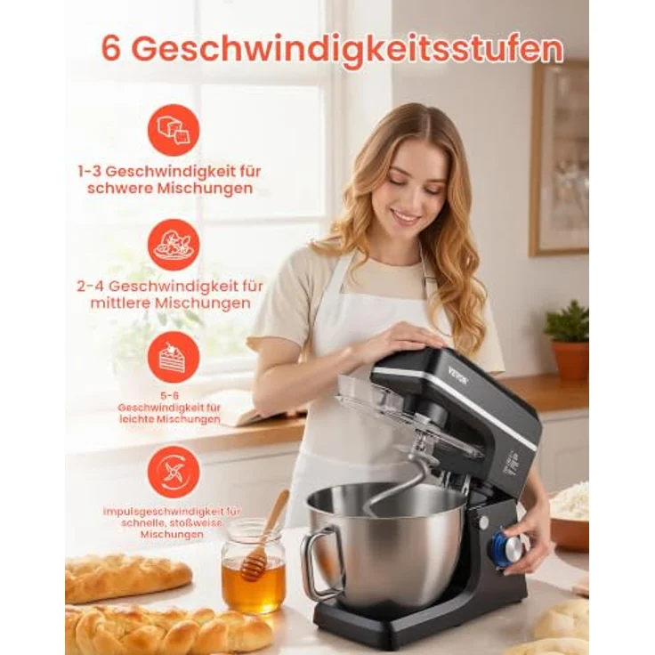 VEVOR Teigmixer 1400 W, Küchenmaschine mit 7,84 L Edelstahlschüssel, kippbarem Kopf, Knethaken, Schneebesen, schwarz – Bild 4