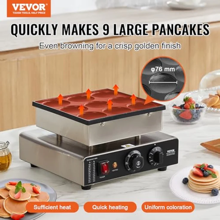 VEVOR Pancake-Maker Mini-Pfannkuchenmaker, 9 Stk., 850 W, Temperatur- und Zeitregelung, Edelstahl, Silber – Bild 2