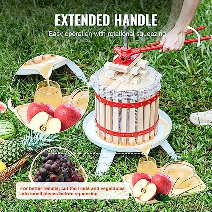 VEVOR Obstpresse Saftpresse Beerenpresse 6 L, Fruchtpresse 17,5 x 26 cm Zelkova-Holz Manuelle Obstpresse, Apfelpresse Weinpresse Maischepresse Saftpresse Entsafter Obstmühle mit Filtertüten – Bild 3