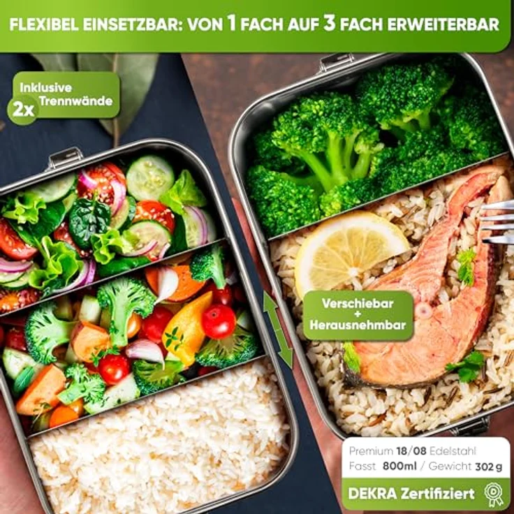 Blockhütte Premium Edelstahl Brotdose 800ml für Kinder mit 3x Fächern und Ersatzdichtung auslaufsicher - Brotzeitdose klein – Bild 2