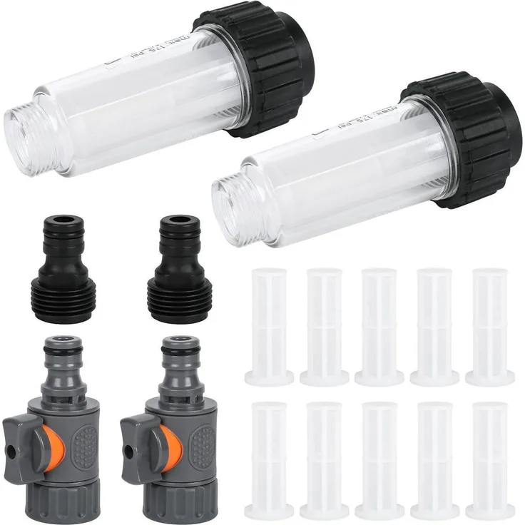 Wasserfilter Wohnmobil 2 Stück, 3/4 Zoll Vorfilter mit Schnelladapter und Regelventil, inkl. 10 Ersatzsieben