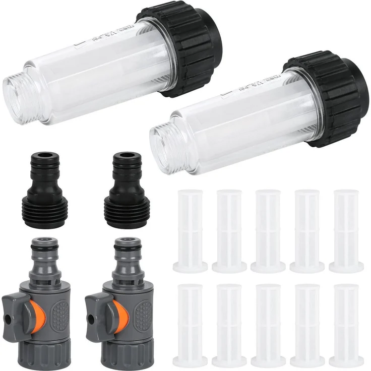 Wasserfilter Wohnmobil 2 Stück, 3/4 Zoll Vorfilter mit Schnelladapter und Regelventil, inkl. 10 Ersatzsieben