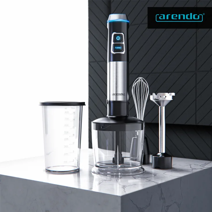 Arendo Stabmixer 1200W, Pürierstab Edelstahl Set, 800ml Messbecher, Zerkleinerer, Schneebesen, DC Motor, Stabmixer, Silber