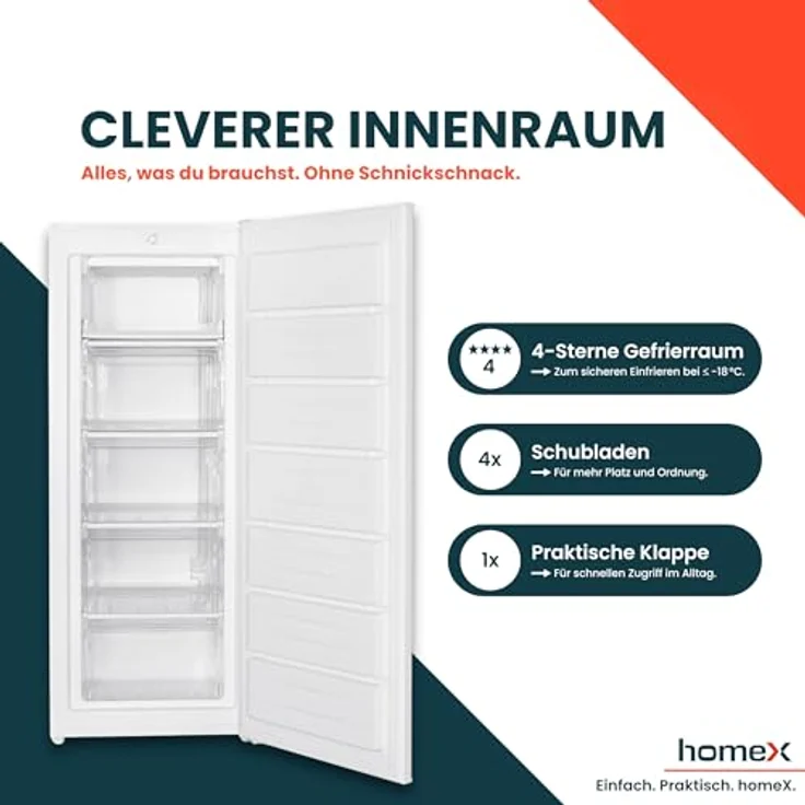 homeX FS1681E-W, Gefrierschrank mit 168L Nutzinhalt, 4-Sterne Gefrierleistung, freistehend, leise, weiß – Bild 3