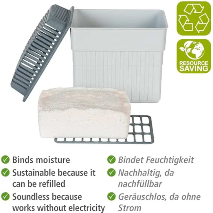 WENKO Luftentfeuchter ohne Strom [Reduziert Schimmel & Gerüche] inkl. 2kg Granulatblock - Nachfüllbarer Raumentfeuchter - Auffangschale für Feuchtigkeit, Lufttrockner – Bild 2