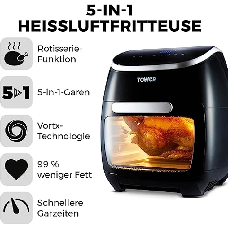 Tower T17039 Xpress Pro 5-in-1 Digitale Heißluftfritteuse mit Schneller Luftzirkulation, 60-Minuten-Timer - Airfryer Heißluftfritteuse XXL 11 l - 2000W - Schwarz – Bild 2