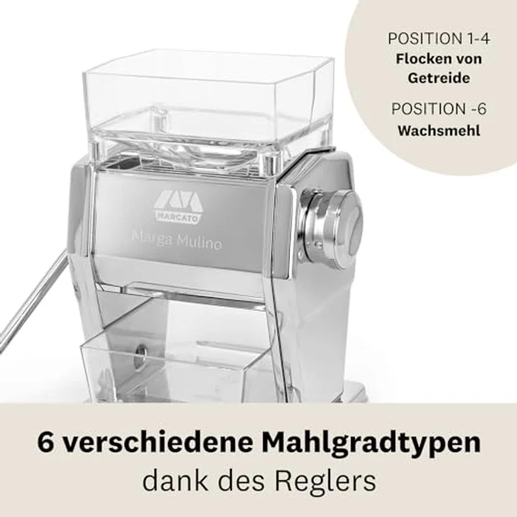 Marcato MARGA MULINO MU19-MARGA, Getreidemühle mit Handkurbel, 6 Mahlpositionen, verchromter Stahl, für zarte und harte Körner – Bild 4