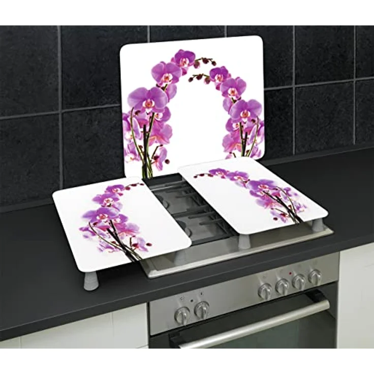 Wenko 2521433500 Herdabdeckplatte Universal Orchideenblüte - 2er Set, für alle Herdarten, Gehärtetes Glas, 30 x 1.8-4.5 x 52 cm, Mehrfarbig – Bild 3