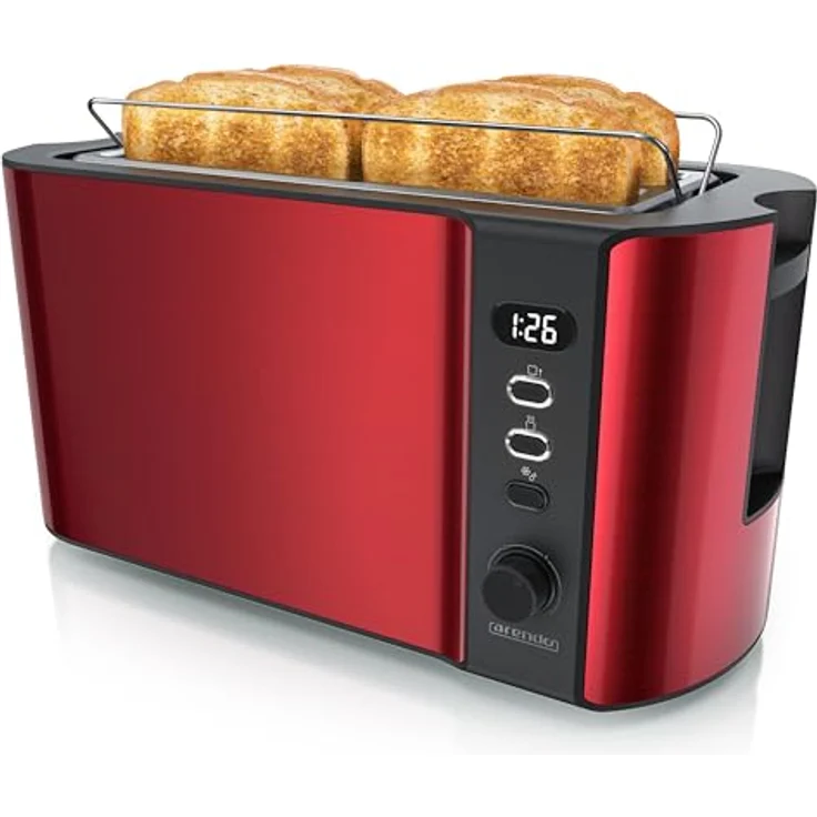 Arendo Frukost 4-Scheiben Langschlitz-Toaster aus Edelstahl mit Defrost-Funktion, integriertem Brötchenaufsatz und Restzeitanzeige, rot – Bild 1
