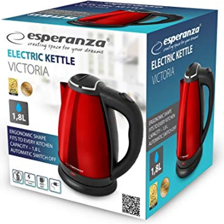 Esperanza 1,8 Liter Edelstahl Design Wasserkocher 360° drehbare Basisstation, Metall, glänzend (Rot) EKK013R – Bild 3