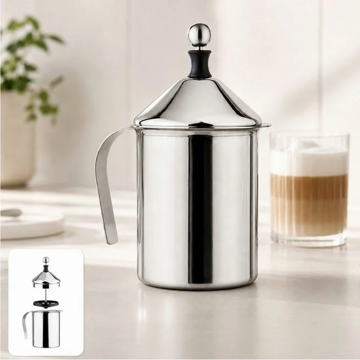 Haushalt International Milchaufschäumer 500ml Edelstahl, Manuell mit Feinsieb und Tragegriff, Silber/Schwarz
