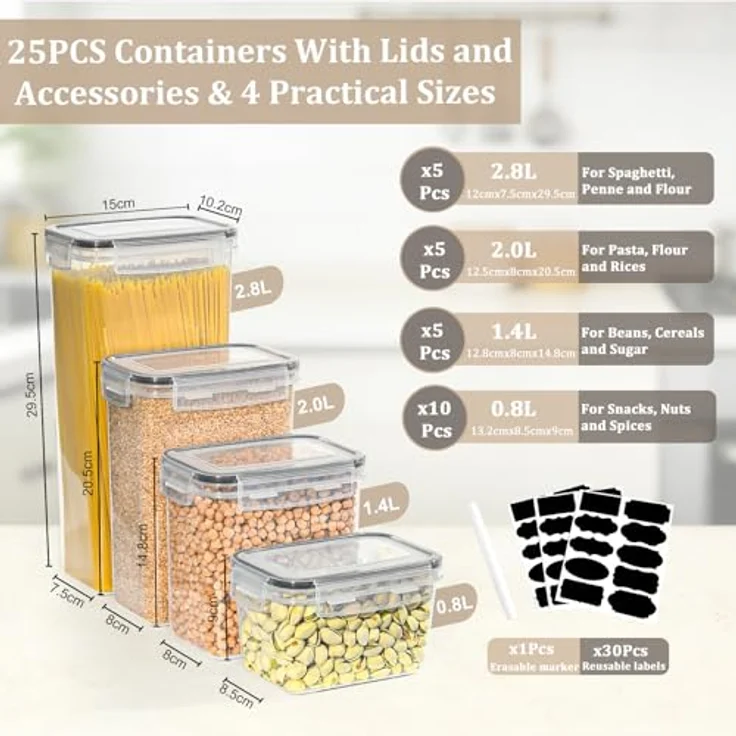 GoMaihe Vorratsdosen 25 Set, Luftdichter Kunststoff-Vorratsbehälter mit 24 Etiketten, 4 Größen für Müsli, Mehl, Kaffee, Spaghetti, BPA-frei – Bild 3