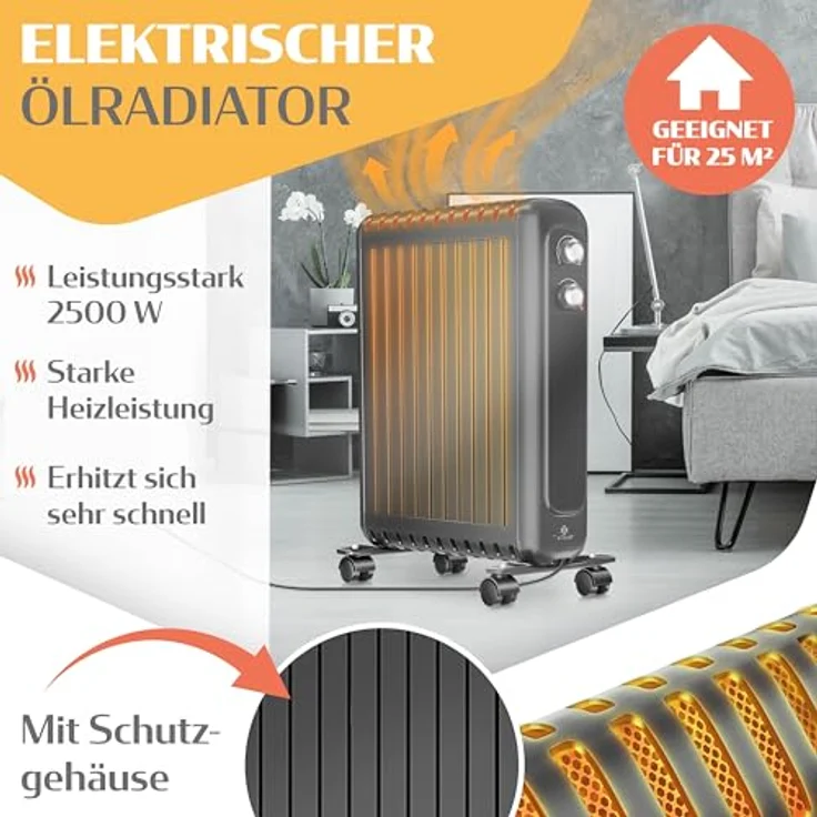 KESSER® Ölradiator 2500W, Elektroheizung mit Thermostat, 3 Heizstufen, Überhitzungsschutz, bewegliche 360° Rollen, Schwarz – Bild 2