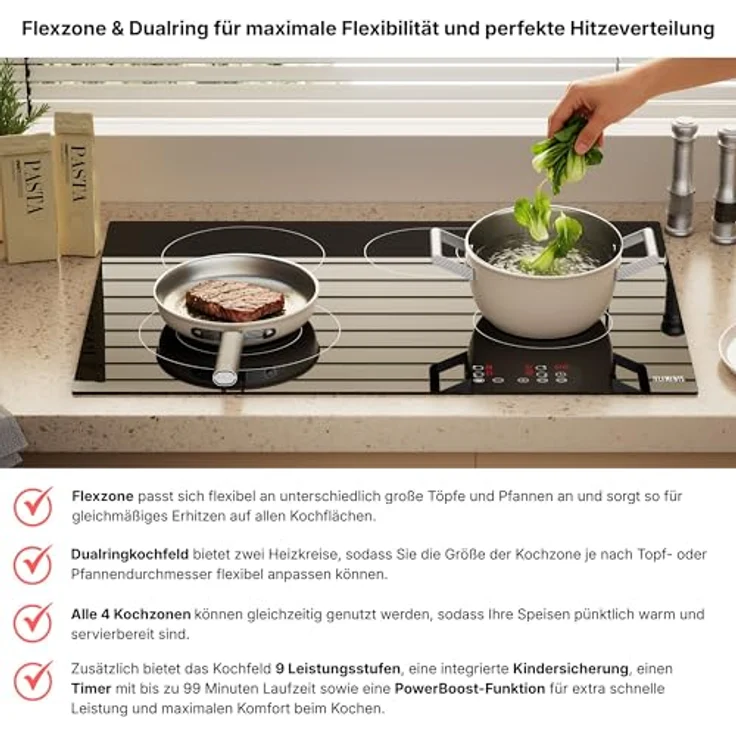 KB Elements Elektro-Kochfeld, 7200 Watt, Glaskeramik, 4 Kochzonen, Flexzone, Touchscreen, Sicherheitssystem – Bild 3