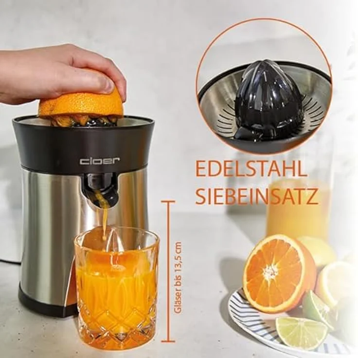 Cloer 6815 Zitruspresse und Orangenpresse, 2-in-1 Saftpresse, elektrisch, mit Tropf-Stopp, automatische Abschaltung, rutschfest, spülmaschinenfest, 100 W, Edelstahl – Bild 2