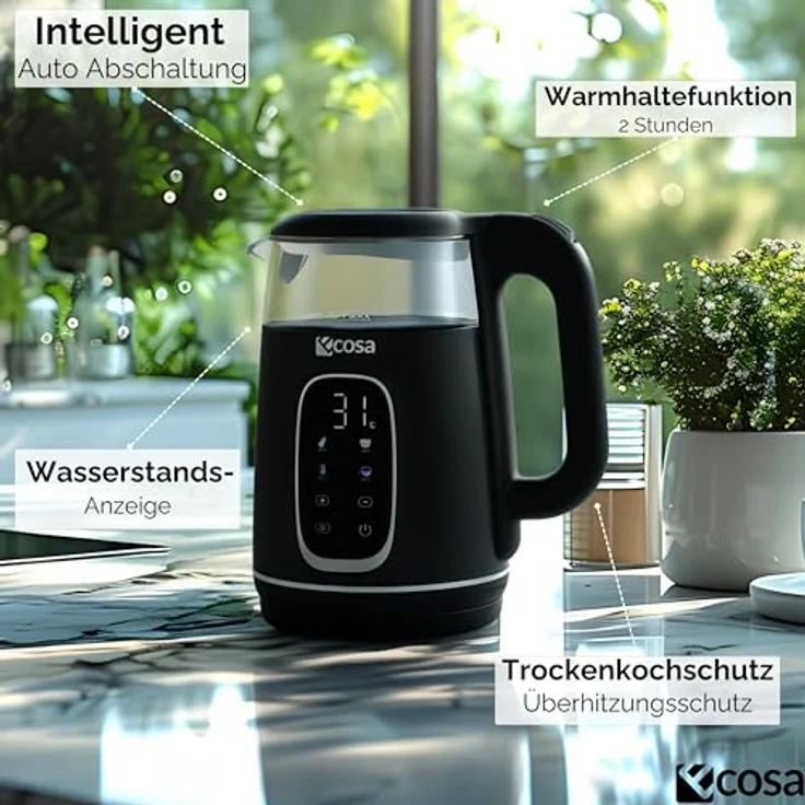 Ecosa® Wasserkocher mit Temperatureinstellung, 1,7 L, 2.200 W, Glas Edelstahl, BPA-frei, 40-100°C Temperaturwahl, Warmhaltefunktion, LED Beleuchtung (Black Pearl) – Bild 2