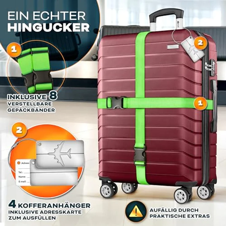 tillvex® Reisekoffer Set 4-TLG. Hartschalenkoffer mit 4 Rollen, TSA Schloss, integrierte Gepäckwaage, 8 Koffergurte & 4 Kofferanhänger, Größen S-M-L-XL, Rot – Bild 2