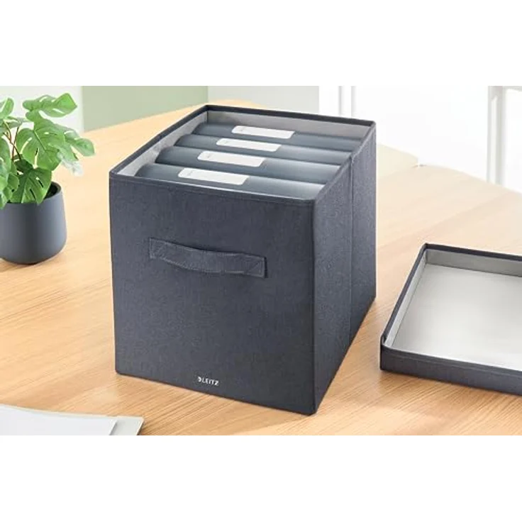 Leitz Aufbewahrungsbox aus Stoff mit Deckel, 2er-Set Würfelaufbewahrungsboxen, faltbare Aufbewahrungsbox aus Stoff, faltbar & umweltfreundlich, samtgrau, groß, 61450089 – Bild 2
