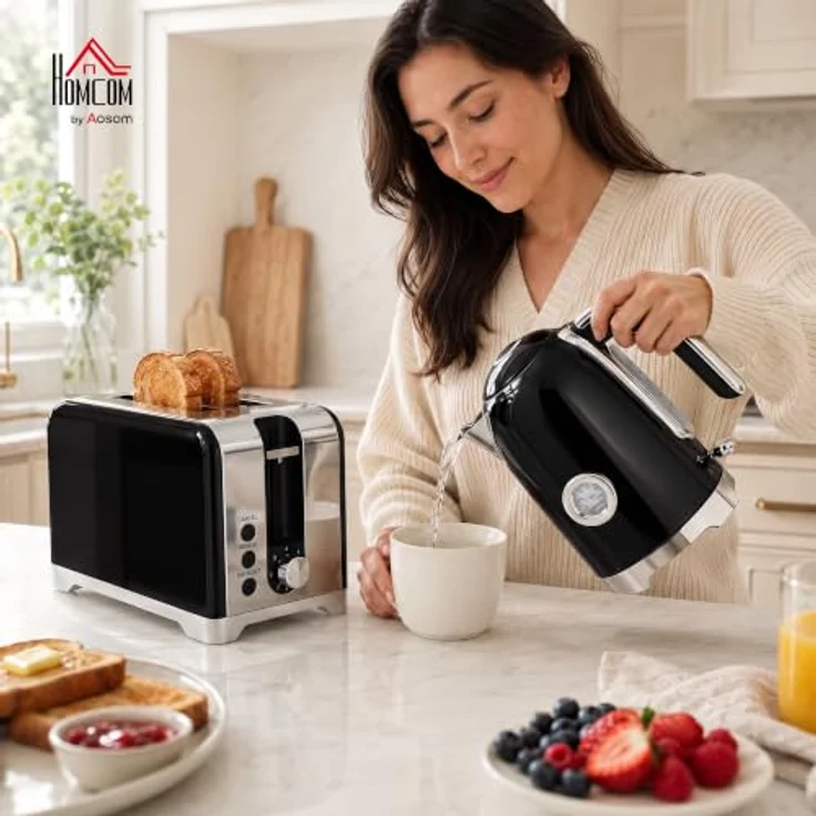 HOMCOM Wasserkocher und Toaster Set, 2200 W, 1,7 L Edelstahl Wasserkocher mit Thermometer, 2-Scheiben Toaster mit 7 Bräunungsstufen, Schwarz – Bild 2