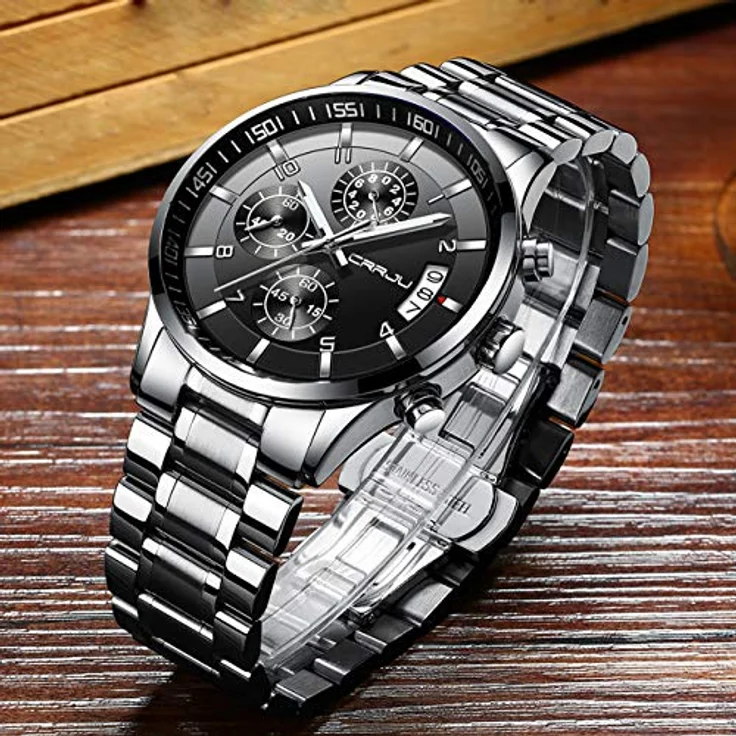 CRRJU Herren Chronograph Armbanduhr, wasserdicht, Edelstahlarmband, analoges Quarzwerk mit Kalender, Silber Schwarz – Bild 4