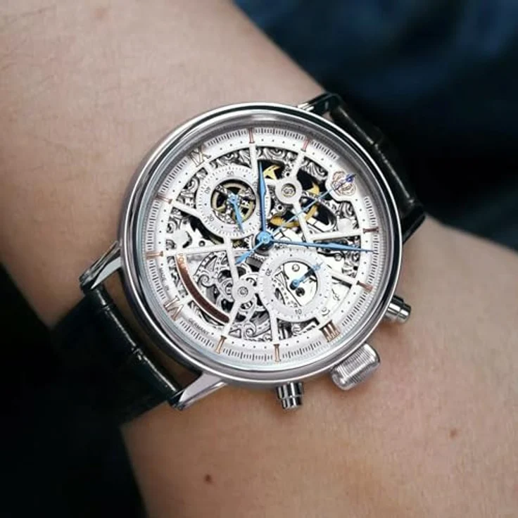 Poljot-International Handaufzug Herrenuhr Chronograph Nicolai II Skeleton 2901.194S011, Edelstahl in Silberfarben, Lederarmband in Schwarz – Bild 5