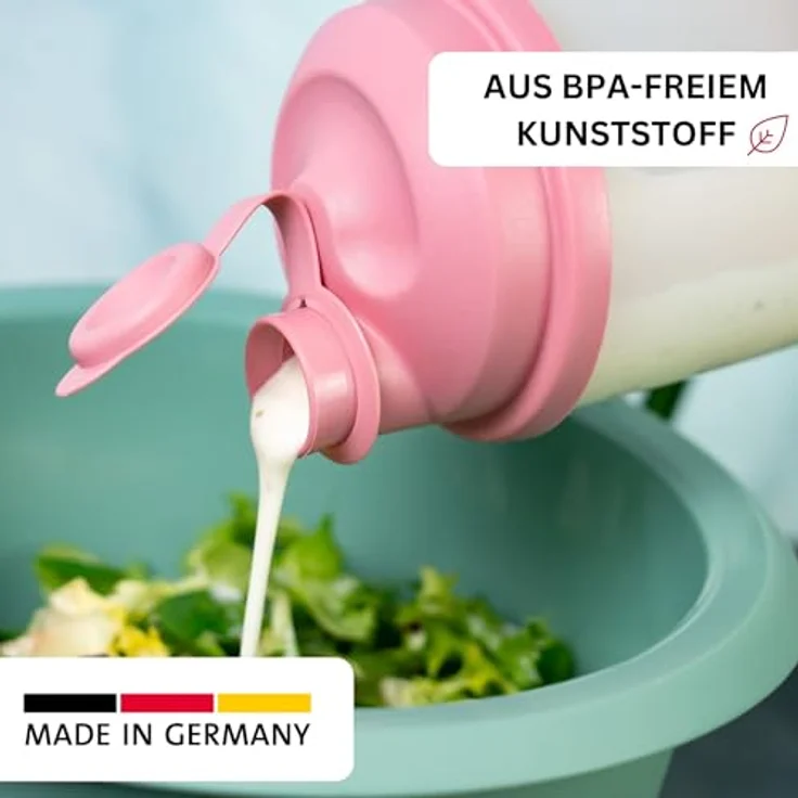 Westmark Mix- und Schüttelbecher/Dressingshaker, 0,5 l mit Mess-Skala, herausnehmbarer Mixscheibe und verschließbarem Ausgießer, Kunststoff, BPA-frei, Transluzent/Rosa – Bild 2