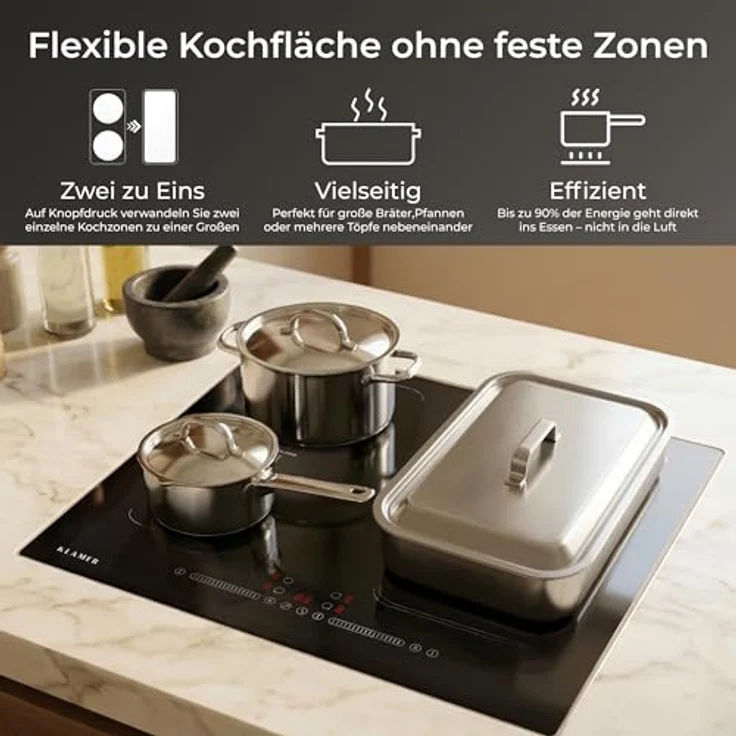 KLAMER Induktionskochfeld 60 cm, 4 Zonen mit 2 Flexzonen, 7400 Watt, Boost Funktion, 9 Leistungsstufen, Timer bis 99 min, Kindersicherung, kratzfeste Glasoberfläche – Bild 3