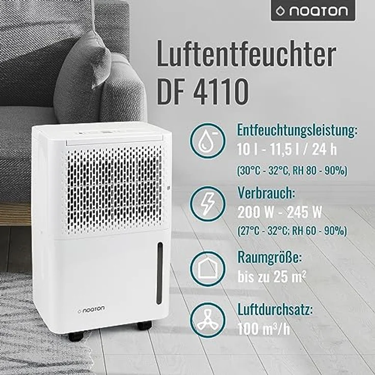 Noaton Luftentfeuchter DF 4110, max 11.5L/24h, 230 W, 2.1l Wassertank, Timer, Feuchtigkeitssensor - Gegen Feuchtigkeit, Schimmel – Bild 2