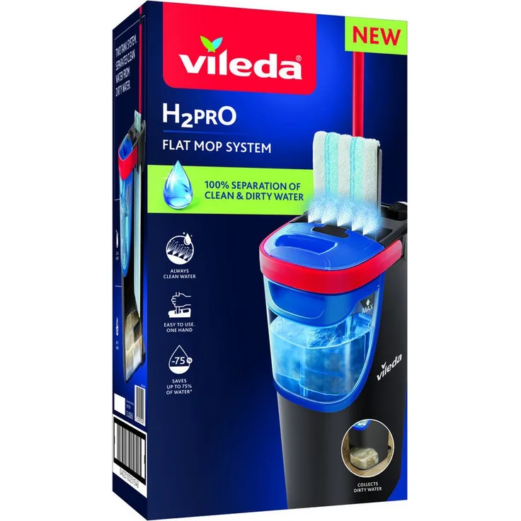 Vileda H2PRO Flat Mop Reinigungsset, Bodenwischer mit Zweitanksystem und 1,2 L Frischwassertank, platzsparender Eimer, Microfaser-Bezug