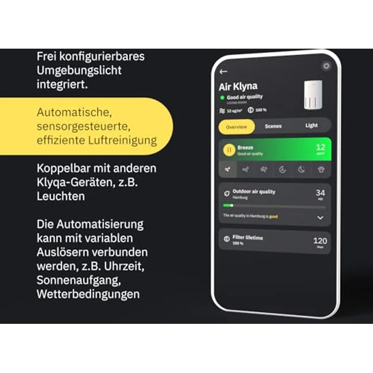 Klyqa Luftreiniger Air Klyna S 360° HEPA-Filter Leaf in Weiß I Luftreiniger gegen Tierhaare und Allergene I Smarter Air Klyna für große Räume I 300 CADR I Geräuscharmer Luftreiniger mit Umgebungslicht – Bild 5