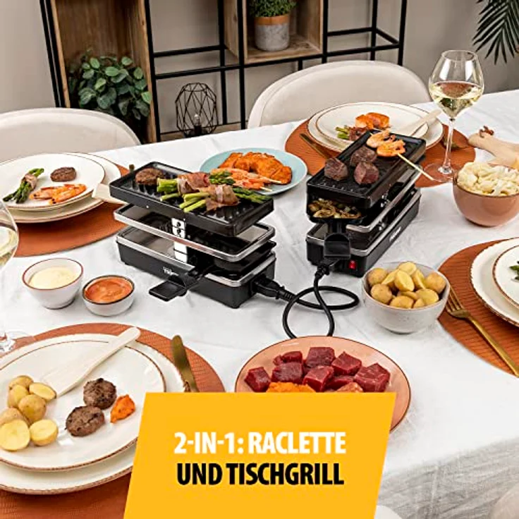Tristar RA-2742 Raclette-Grill, für 4 Personen, 2 x 400 W, 23,8 x 10,4 cm, inkl. 4 Raclettepfännchen, schwarz – Bild 2