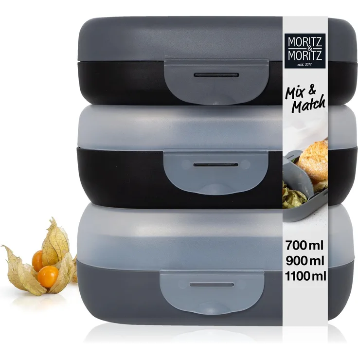 Moritz & Moritz Lunchbox Moritz & Moritz Mix Brotdosen dunkel, (3er Set, 6-tlg), Mix & Match - mit Fächern