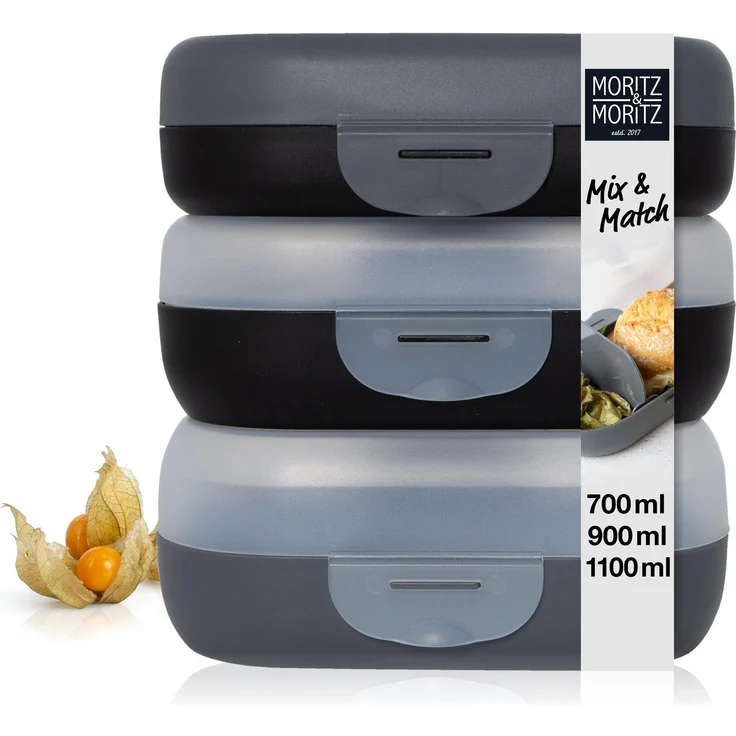 Moritz & Moritz Lunchbox Moritz & Moritz Mix Brotdosen dunkel, (3er Set, 6-tlg), Mix & Match - mit Fächern – Bild 1