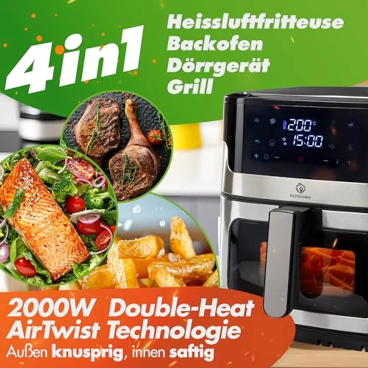 Nutrilovers Heißluftfritteuse NUTRI-FRYER EDELSTAHL XXL, 8L, 2000W, mit LED Touch Display, Double Heating Technologie, Sichtfenster, fettarm, inkl. Rezepte – Bild 4