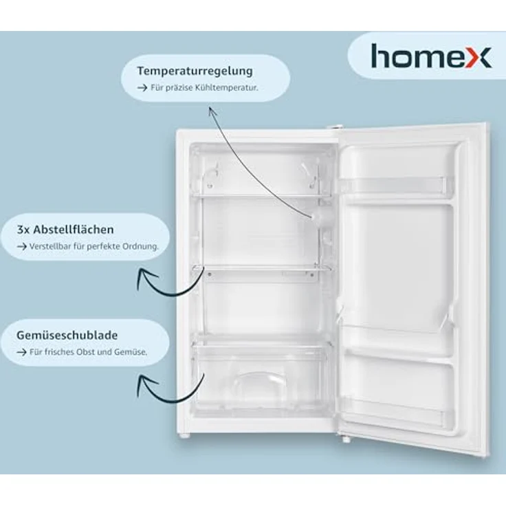 homeX CS1016-W Kühlschrank ohne Gefrierfach, 88L Vollraumkühlschrank freistehend, weiß, leise mit LED-Beleuchtung und verstellbaren Ablagen – Bild 2