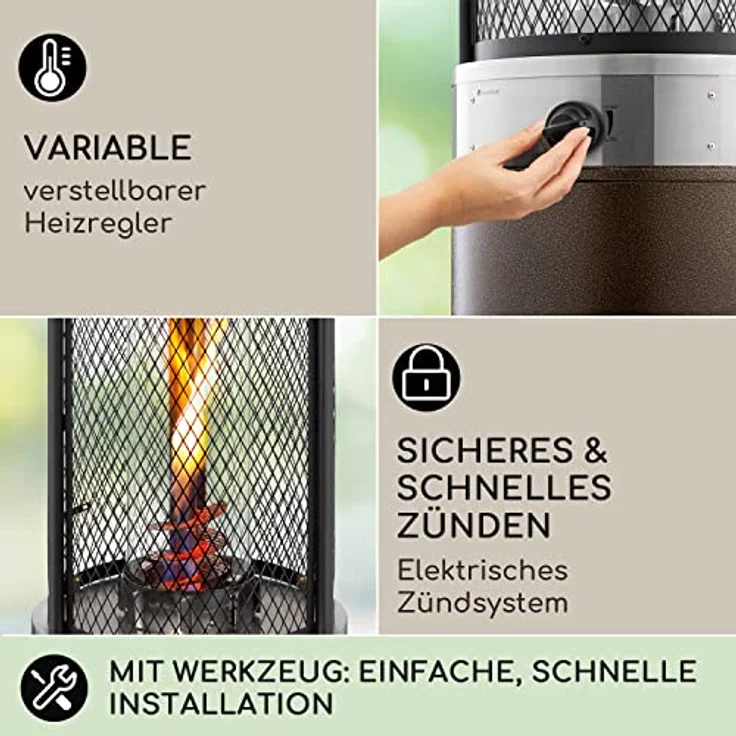 Blumfeldt Heizpilz Gas für Terrasse, Garten & Balkon, 360°Flammen-Blick, Elektrische Zündung, Bodenrollen, schwarz – Bild 3