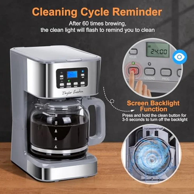 Taylor Swoden 950W Filterkaffeemaschine mit Timer, 1.5L für 12 Tassen, BPA-frei, Grau - Pewter, mit Abschaltautomatik und Tropf-Stopp – Bild 3