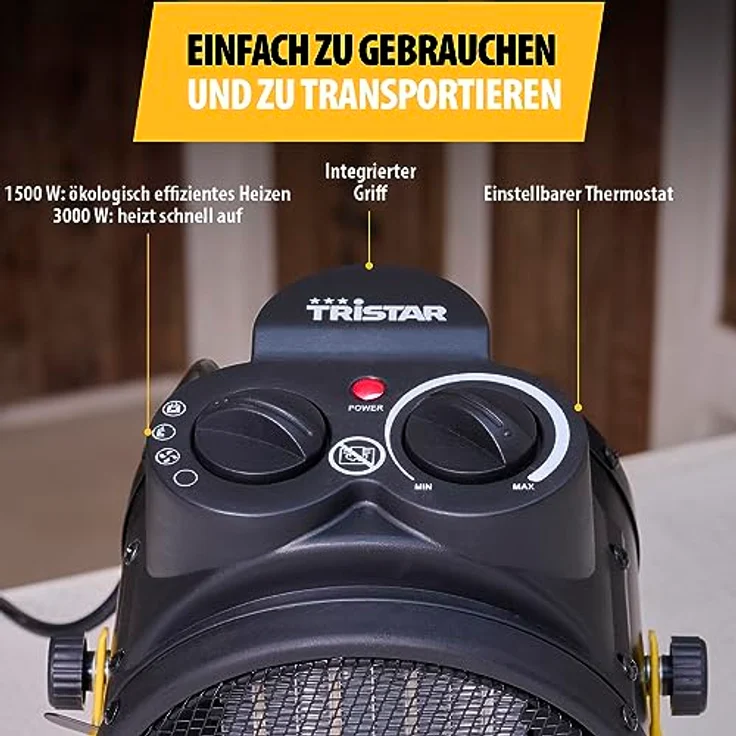 Tristar KA-5060 Elektroheizung (Keramik) - 3 einstellbare Leistungsstufen-2000 Watt, 2000 W, Schwarz, Gelb, Heizstrahler – Bild 10