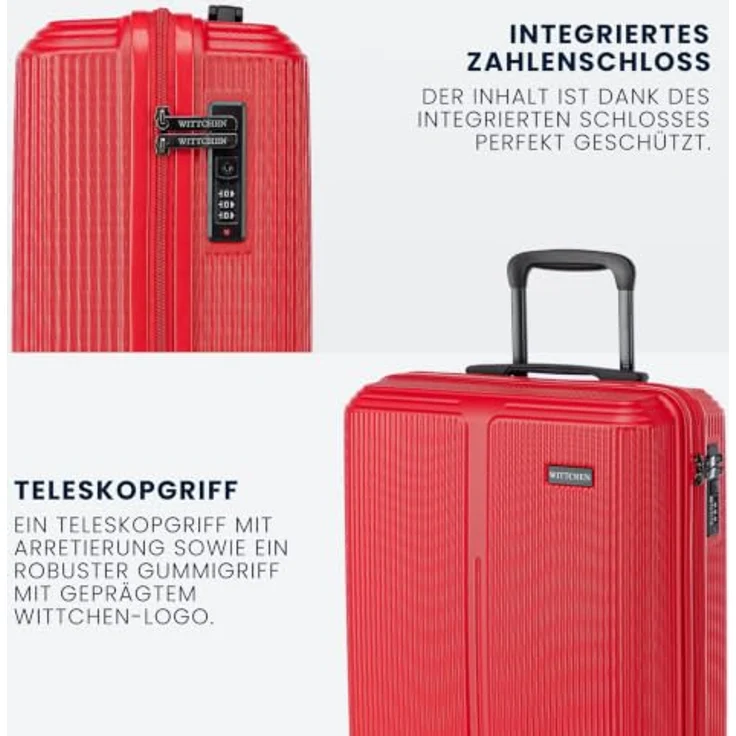 WITTCHEN Stripes Line Kofferset 4-teilig mit Kosmetiktasche, Hartschalenkoffer ABS, 4 Doppelrollen, Teleskopgriff, Zahlenschloss, Rot – Bild 4